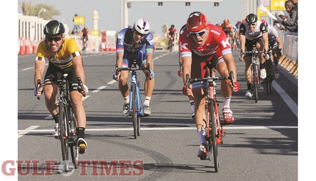 Team Katushau2019s Alexander Kristoff (right) edges out Mark Cavendish of Dimension Data (left) to win the Tour of Qatar Stage II yesterday. PICTURE: Jayaram