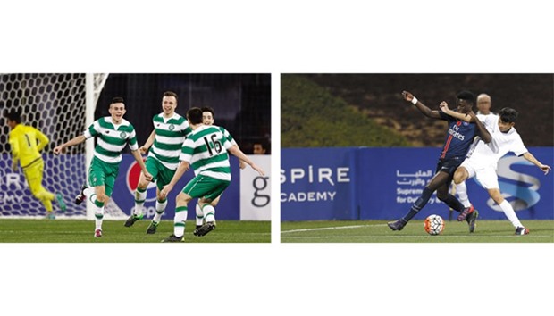Celtic players celebrate a goal against Benfica yesterday. Right: Action from the match between PSG (in blue) and Shanghai Greenland.