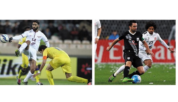 El Jaishu2019s Mohamed Methnani (left) in action against Naft Tehran in the AFC Champions League playoffs yesterday. Right: Al Jazirau2019s Yaqoub al-Hosani (right) vies for the ball with Al Saddu2019s Xavi Hernandez during their match yesterday. (AFP)