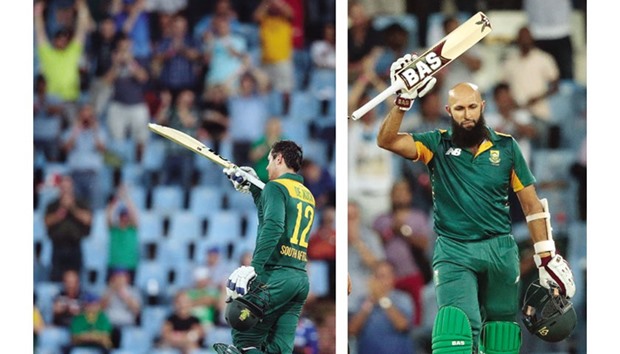 South African batsman Quinton De Kock acknowledges the applause after scoring a century against England yesterday. Right: Hashim Amla celebrates after scoring a century against England.