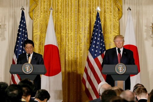 Japanese Prime Minister Shinzo Abe and US President Donald Trump hold a joint press conference at the White House in Washington, US, yesterday.