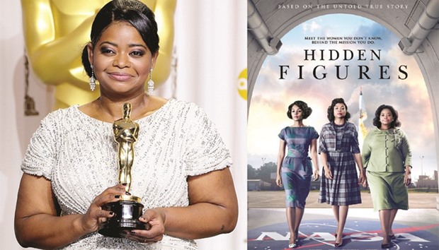(LEFT) RECOGNITION: Octavia Spencer with the Oscar for the Best Supporting Actress in The Help.  (RIGHT) RAVE REVIEWS: Spencer in a publicity still from Hidden Figures.