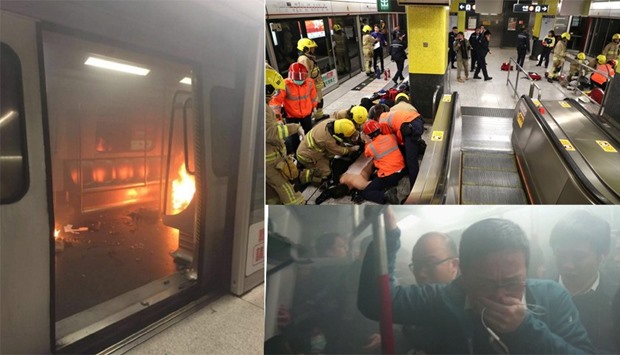 (left) A fire onboard a train is seen inside a subway station in Hong Kong. (Right top)An injured person is under medical treatment. (Right bottom) People cover their faces to protect themselves from smoke.