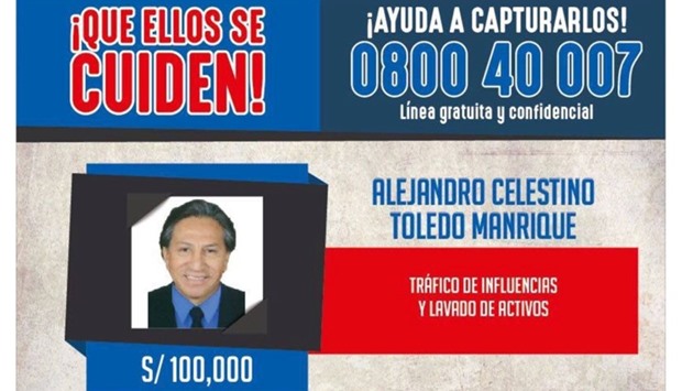 An international arrest warrant issued by Peru's Interior Ministry, offering 100,000 Peruvian soles ($31,000) for information on the whereabouts of former president Alejandro Toledo, is seen in Lima, Peru.