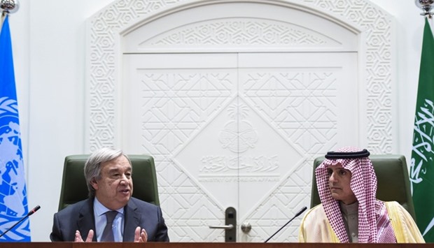 UN Secretary General Antonio Guterres (L) speaks alongside Saudi Minister of Foreign Affairs, Adel al-Jubeir, during a joint press conference held in Riyadh.