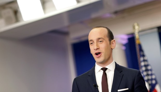 Senior White House Advisor Stephen Miller waits to go on the air in the White House Briefing Room in Washington.