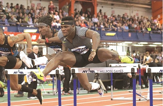 Omar McLeod of Jamaica in action during the 60m hurdles event at the 110th Millrose Games at The Armory in New York on Saturday. (USA TODAY Sports)