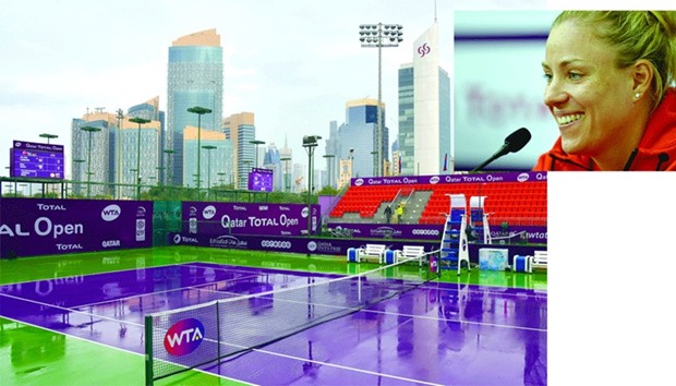 A rain-drenched court at the Khalifa International Tennis and Squash Complex yesterday. INSET: German star Angelique Kerber. PICTURES: Noushad Thekkayil