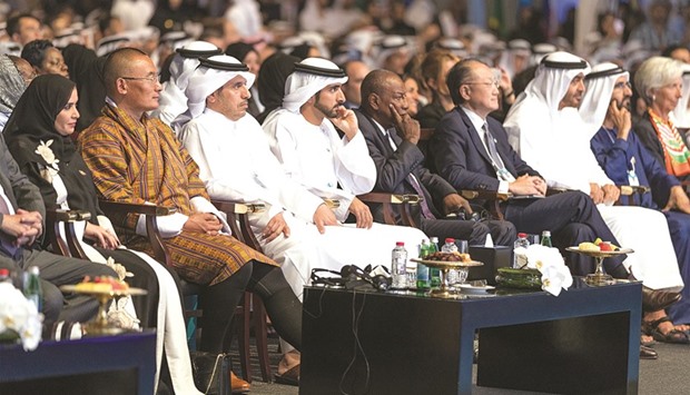 HE the Prime Minister and Minister of Interior Sheikh Abdullah bin Nasser bin Khalifa al-Thani attending the opening session of the World Government Summit (WGS 2017) with other dignitaries in Dubai yesterday.