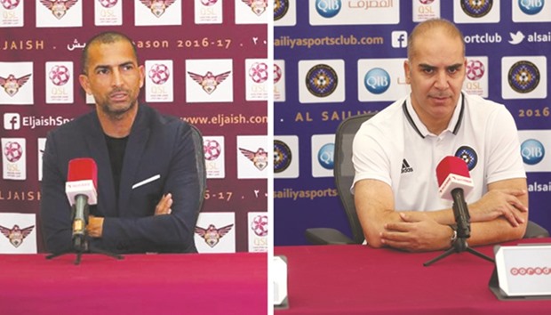 El Jaish coach Sabri Lamouchi (left) and Al Sailiya coach Sami Trabelsi (right) address the media ahead of their match today.