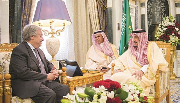 Saudi King Salman meets with UN Secretary-General Antonio Guterres in Riyadh yesterday.