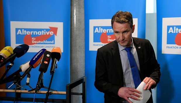 Bjoern Hoecke, chairman of the anti-immigration Alternative for Germany (AfD) party in the eastern federal state of Thuringia, leaves after giving a statement at the Thuringian regional parliament in Erfurt, eastern Germany.