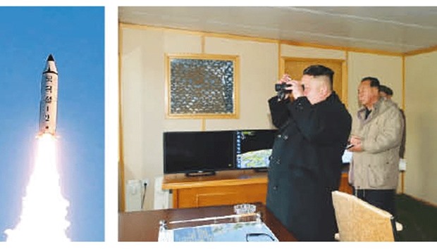 This photo released by North Koreau2019s official Korean Central News Agency shows the launch of a surface-to-surface medium range ballistic missile Pukguksong-2. Right: North Korean leader Kim Jong-un inspecting the test-launch at an undisclosed location.
