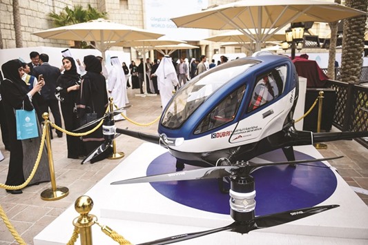 A model of the EHang 184 autonomous aerial vehicle is displayed at the World Government Summit 2017 in Dubaiu2019s Madinat Jumeirah.