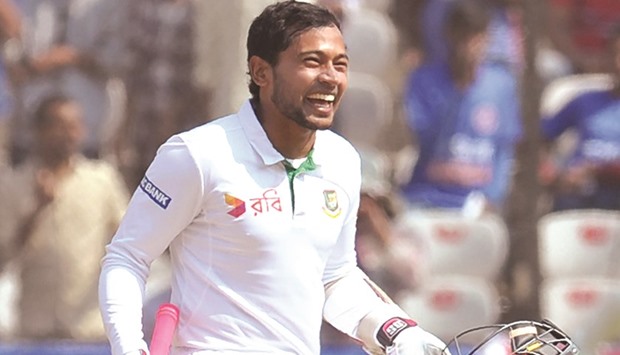 Bangladesh captain Mushfiqur Rahim celebrating after scoring a century against India on the fourth day of their one-off Test match at the Rajiv Gandhi International Cricket Stadium in Hyderabad.