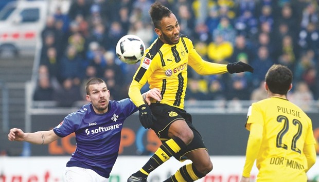 File picture of Dortmundu2019s Pierre-Emerick Aubameyang in action during his teamu2019s Bundesliga match against Darmstadt.