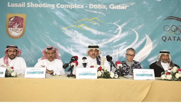 Qatar Shooting and Archery Association president Ali Mohamed al-Kuwari (centre) speaks at a press conference along with QSAA secretary-general Majid al-Naimi (second from left) and Qatar Open tournament director Antonella Bartolomei (second from right) at the Losail Shooting Range yesterday.