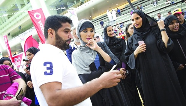 HH Sheikha Moza bint Nasser and HE Sheikha Hind bint Hamad al-Thani are joined by other dignitaries at Al Shaqabu2019s Indoor Arena. They toured the events and spoke with some of the participants.