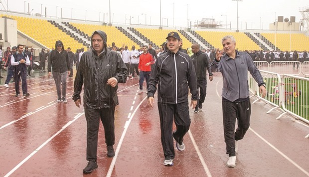 HE the Prime Minister and Minister of Interior Sheikh Abdullah bin Nasser bin Khalifa al-Thani with other dignitaries at Suheim Bin Hamad Stadium.