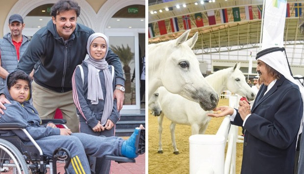 HH the Emir Sheikh Tamim bin Hamad al-Thani and HH the Father Emir Sheikh Hamad bin Khalifa al-Thani taking part in National Sport Day activities yesterday.