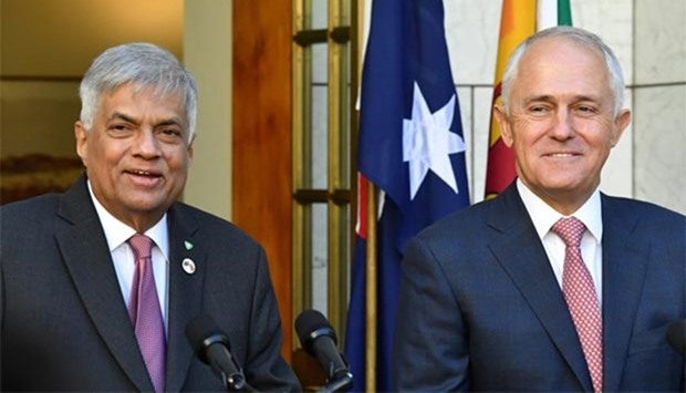 Prime Ministers Ranil Wickremesinghe and  Malcolm Turnbull address a press conference at Parliament House in Canberra on Wednesday.