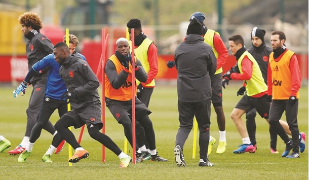 Manchester United players during a training session ahead of tonight's Europa League clash against Saint-Etienne. (Reuters)