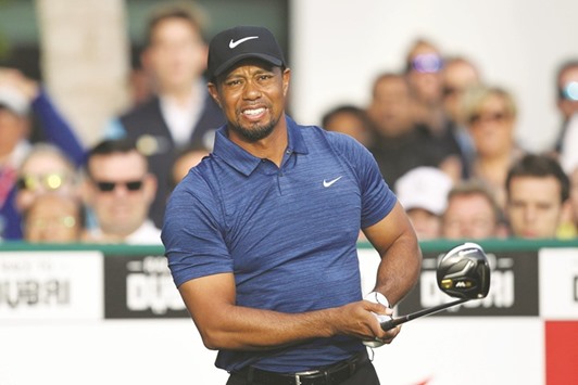 File picture of Tiger Woods of the US reacting after playing a shot.