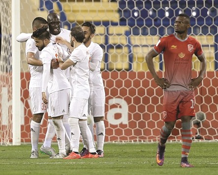Umm Salal Yannick Sagbo (third from left) and his teammates celebrate a goal against Lekhwiya during their Qatar Stars League match yesterday. PICTURE: Anas Khalid