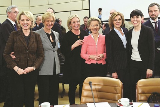(From left) Albaniau2019s Defence Minister Mimi Kodheli, Italyu2019s Defence Minister Roberta Pinotti, Netherlandsu2019 Defence Minister Jeanine Hennis-Plasschaert, Germanyu2019s Defence Minister Ursula von der Leyen, Spainu2019s Defence Minister Maria Dolores de Cospedal Garcia and Norwayu2019s Defence Minister Ine Marie Eriksen Soreide attend a Nato defence ministers meeting at Nato headquarters in Brussels yesterday.