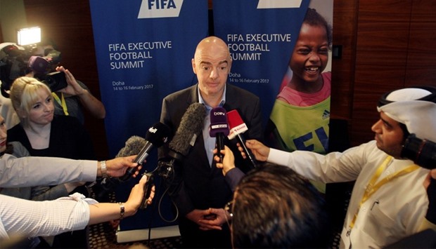 FIFA President Gianni Infantino speaks to the media in Doha