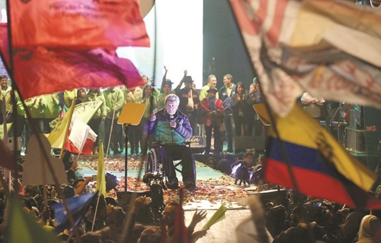 Moreno gives a speech during a campaign rally in Quito on Wednesday.