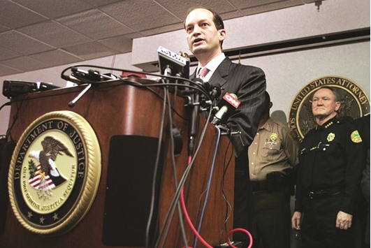 This June 23, 2006 file picture shows then US attorney Acosta and other law enforcement officials at a news conference in Miami.