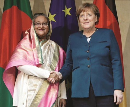 German Chancellor Angela Merkel meets Bangladesh Prime Minister Sheikh Hasina during the 53rd Munich Security Conference in Munich, Germany yesterday.