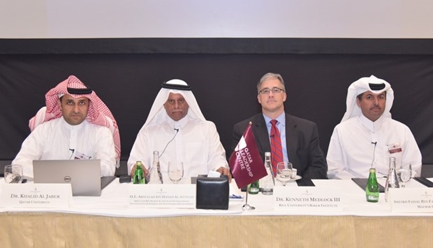 HE al-Attiyah (second left) with other dignitaries at the closing session of the u2018The energy and economic diversification policiesu2019 roundtable at the Four Seasons on Thursday.