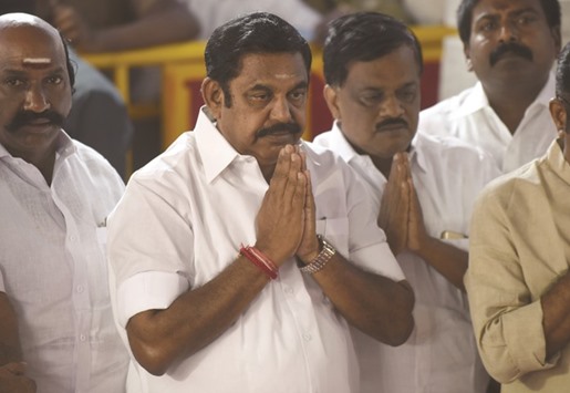 AIADMK party leader Edappadi Palanisamy pays his respects at the memorial for former state chief minister J Jayalalithaa after being sworn in as Tamil Nadu chief minister.