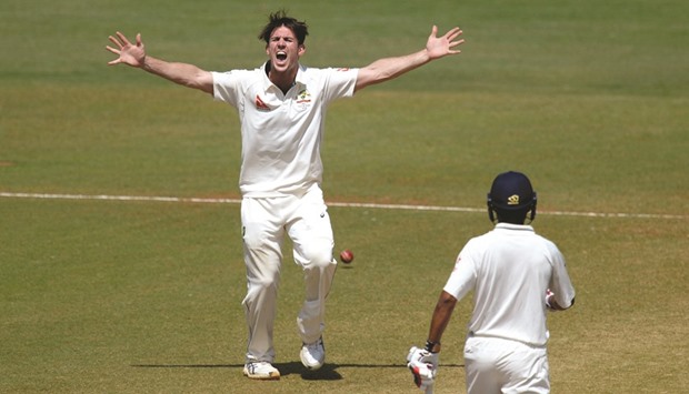 Australian bowler Mitchell Marsh appeals during the second day of three-day practice match between India u2018Au2019 and Australia at The Brabourne Cricket Stadium in Mumbai yesterday. Australia will play a four-match Test series against India with the first Test scheduled to start in Pune from February 23.