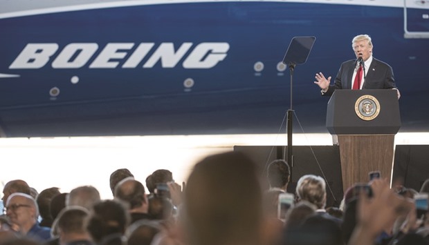 Trump addresses a crowd during the debut event for the Dreamliner 787-10 at Boeingu2019s South Carolina facilities in North Charleston.