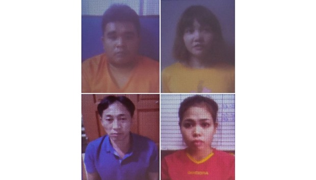 This combo shows pictures displayed at a press conference by the Royal malaysian Police at the Bukit Aman national police headquarters in Kuala Lumpur on February 19, 2017 of four suspects, malaysian Muhammad Farid Bin Jalaluddin (top L), Doan Thi Huong (top R) of Vietnam, North Korean Ri Jong Chol (bottom L) and Siti Aisyah of Indonesia (bottom R), detained in connection to the February 13 assassination of Kim Jong-Nam, the half brother of North Korean leader Kim Jong-Un.