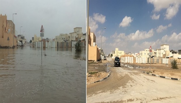 (left) Waterlogging after showers and before rainwater removal work. (right) Clear road after rainwater removal. -Pictures courtesy of MME