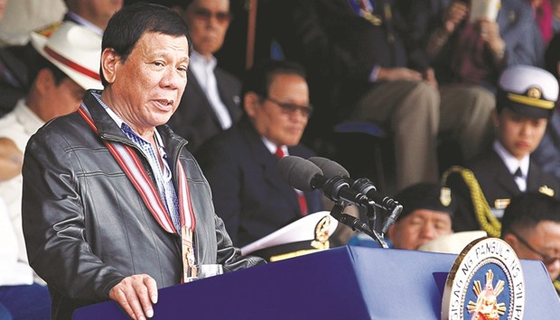 President Rodrigo Duterte delivers a speech during the Philippine Military Academy (PMA) alumni homecoming in Fort Del Pilar, Baguio city, north of Manila.