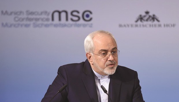 Iranu2019s Foreign Minister Mohamed Javad Zarif delivers a speech on the third day of the 53rd Munich Security Conference (MSC) at the Bayerischer Hof hotel in Munich, southern Germany yesterday.