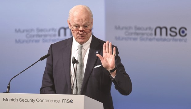 UN Special Envoy for Syria Staffan de Mistura delivers a speech at the third day of the 53rd Munich Security Conference (MSC) at the Bayerischer Hof hotel in Munich, southern Germany yesterday.