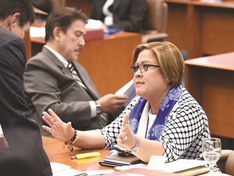 Senator Leila De Lima gestures during a senate session in Manila yesterday.