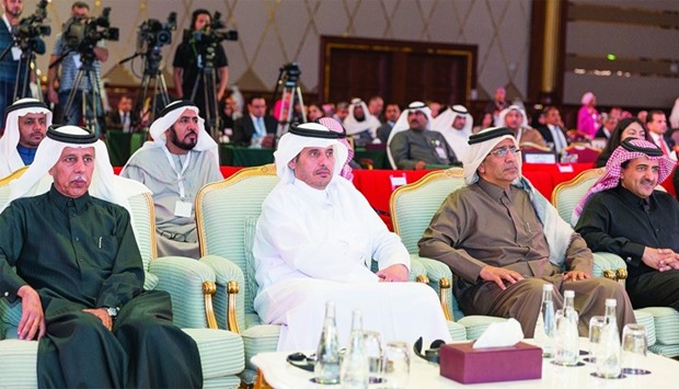HE the Prime Minister and Interior Minister Sheikh Abdullah bin Nasser bin Khalifa al-Thani, HE the Deputy Prime Minister and Minister of State for Cabinet Affairs Ahmed bin Abdullah bin Zaid al-Mahmoud and other dignitaries at the opening session of the conference.