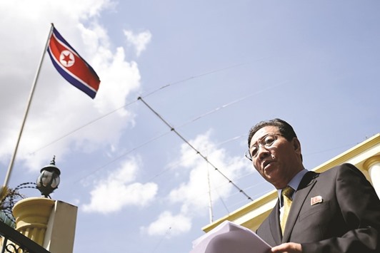 Kang Chol, North Koreau2019s ambassador to Malaysia, addresses journalists in Kuala Lumpur yesterday.