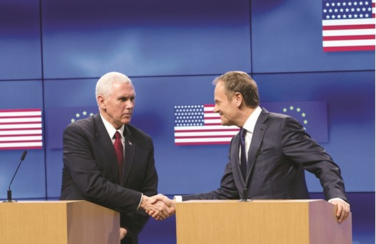Pence with European Council head Donald Tusk during their news conference at the European Commission in Brussels.