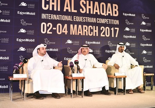 Omar al-Mannai (left), Event Director of CHI Al Shaqab, Saleh al-Mana (centre), Vice-President, Government & Public Affairs of ExxonMobil Qatar and Qatari rider Sheikh Ali bin Khalid al-Thani at a press conference yesterday at Al Shaqab.