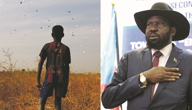 LEFT: A boy watches as sacks of food drop to the ground during a United Nations World Food Programme (WFP) airdrop, close to Rubkuai village in Unity State, northern South Sudan.   RIGHT: Kiir said the government will ensure that all the humanitarian and developmental organisations have unimpeded access to the needy population across the country.