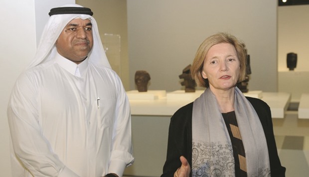 Khalifa al-Obaidly and Catherine Grenier welcoming the guests at the opening of the Picasso-Giacometti exhibition yesterday. PICTURES: Shemeer Rasheed