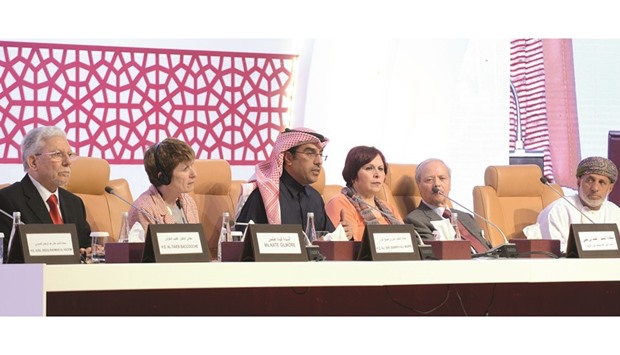 Dr Ali bin Sumaikh al-Marri addressing the closing ceremony as other officials look on. PICTURES: Shaji Kayamkulam